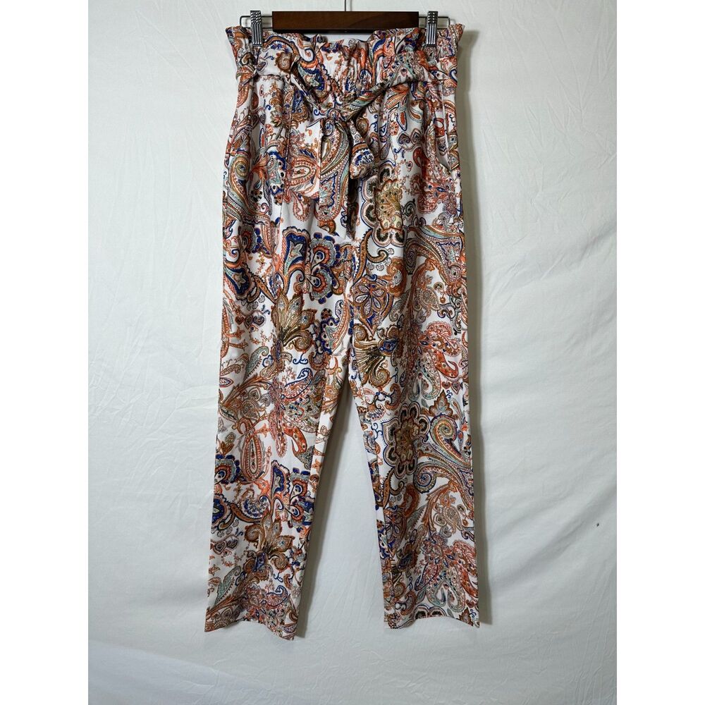 Kancy Kole Women's Paperbag Waist High Rise Paisley Mom Pants, Size L